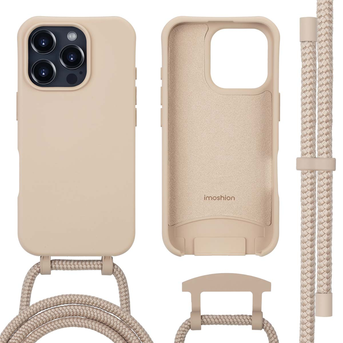 Coque de téléphone beige avec cordon et téléphone à l'intérieur, sur fond blanc.
