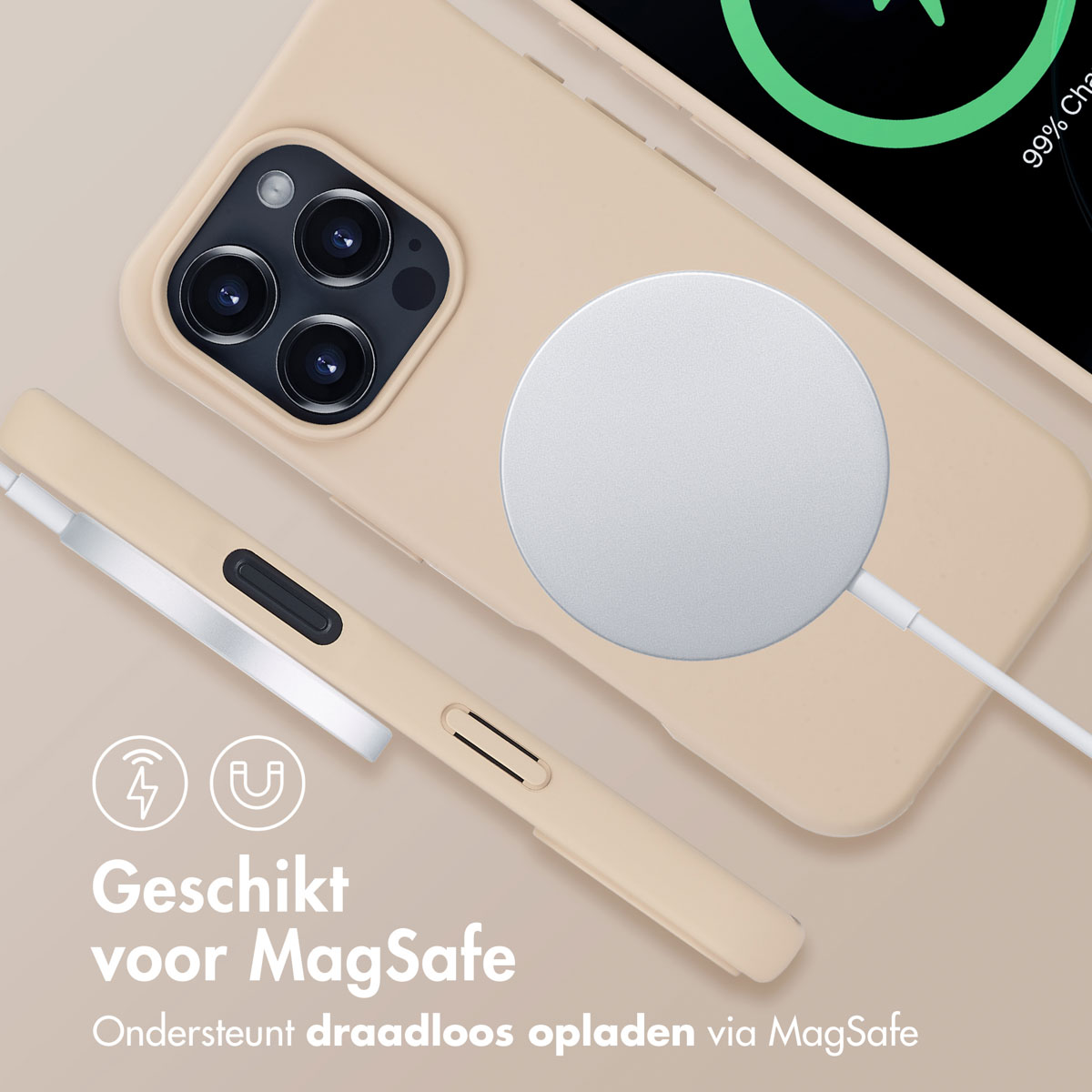 iPhone met MagSafe-oplader, MagSafe-hoesje en tekst over MagSafe-compatibiliteit.