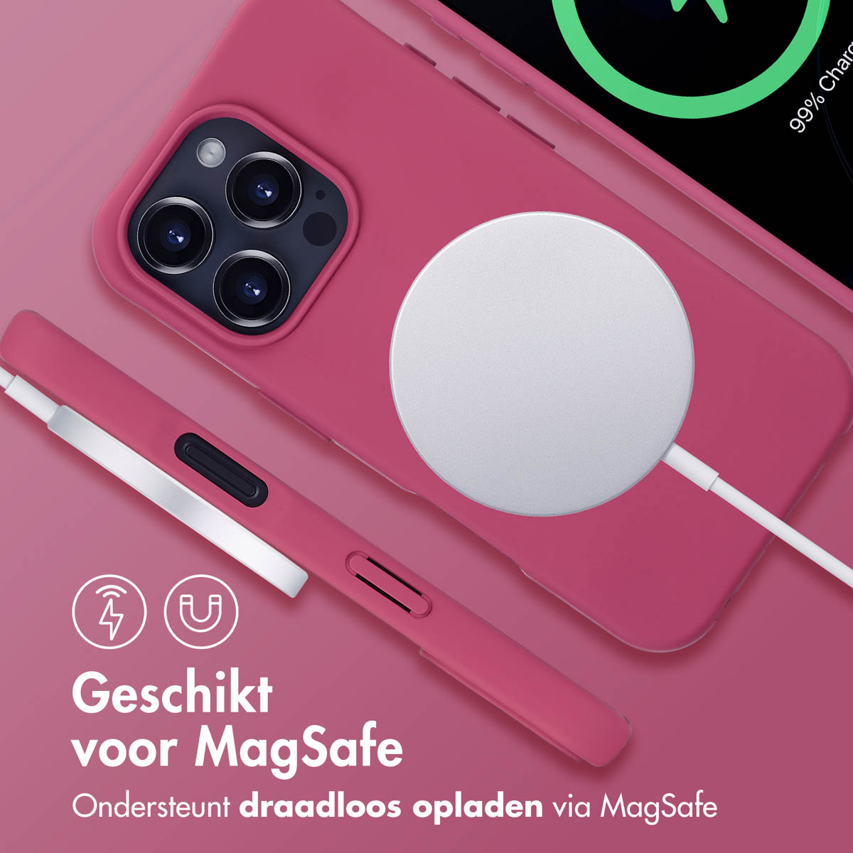 Roze telefoonhoesje met MagSafe-oplader bevestigd. Telefoonscherm toont 99% lading.