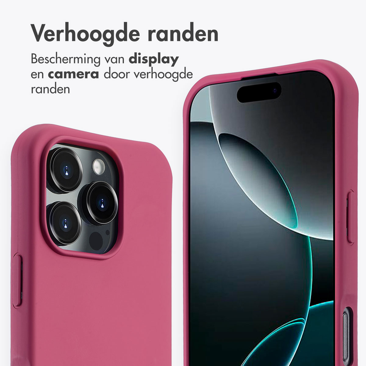 Een roze telefoonhoesje beschermt een telefoon. De hoes heeft verhoogde randen om het scherm en de camera te beschermen. Er staat Nederlandse tekst.