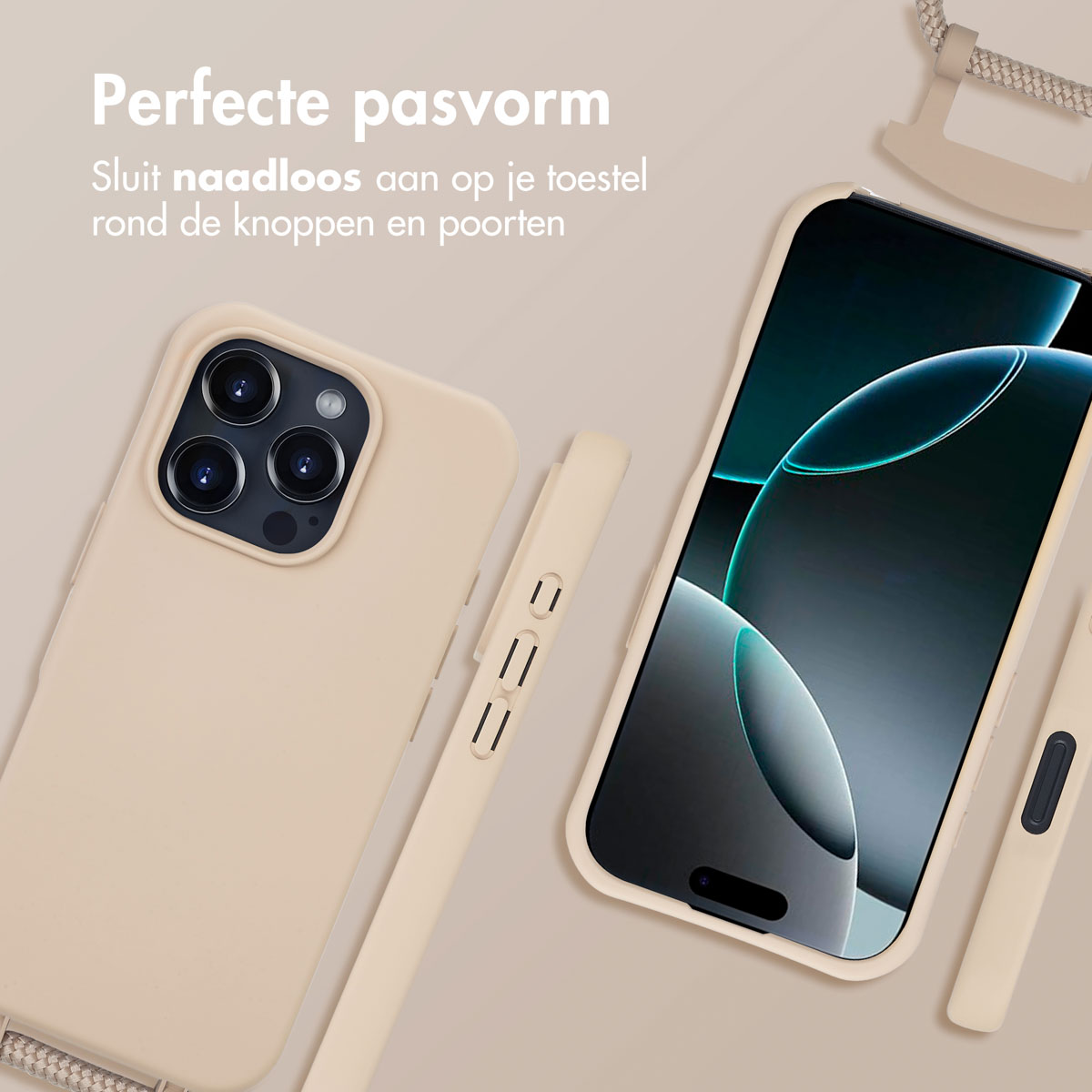 Close-up van telefoonhoesjes en een riem. De tekst zegt 'Perfecte pasvorm'.