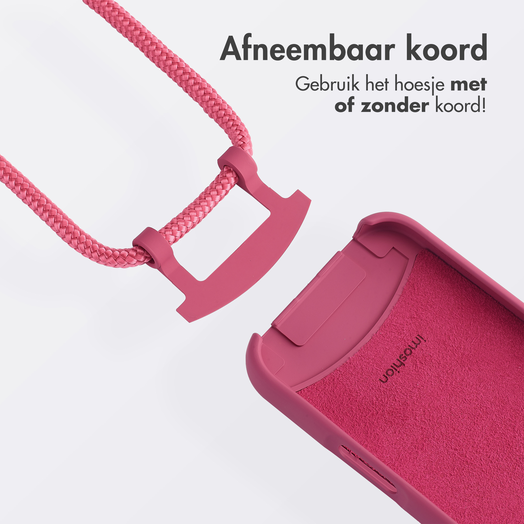 Roze telefoonhoesje met afneembaar koord. De tekst zegt dat het met of zonder koord gebruikt kan worden.