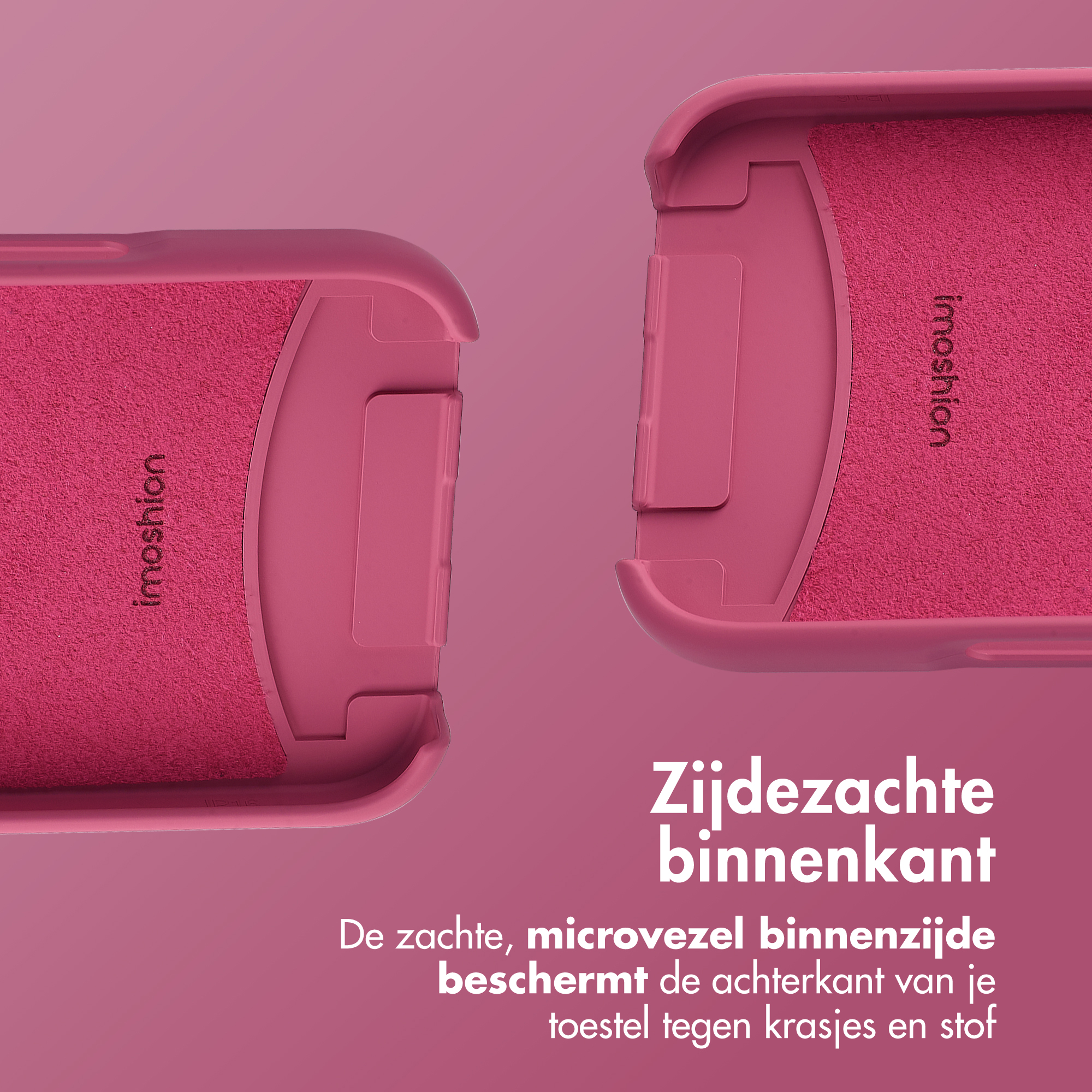 Twee roze telefoonhoesjes worden getoond. De hoesjes hebben een zacht, microvezel interieur. De achtergrond is een roze verloop.