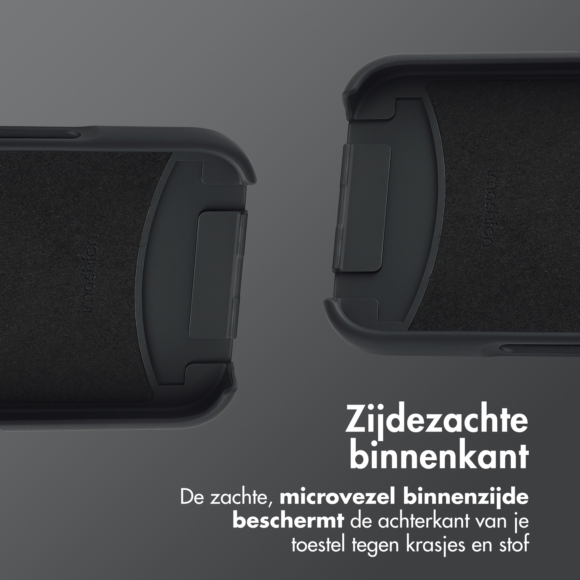 Twee donkergrijze telefoonhoeshelften. Tekst: "Zachte binnenkant". Binnenkant is donkergrijze stof.