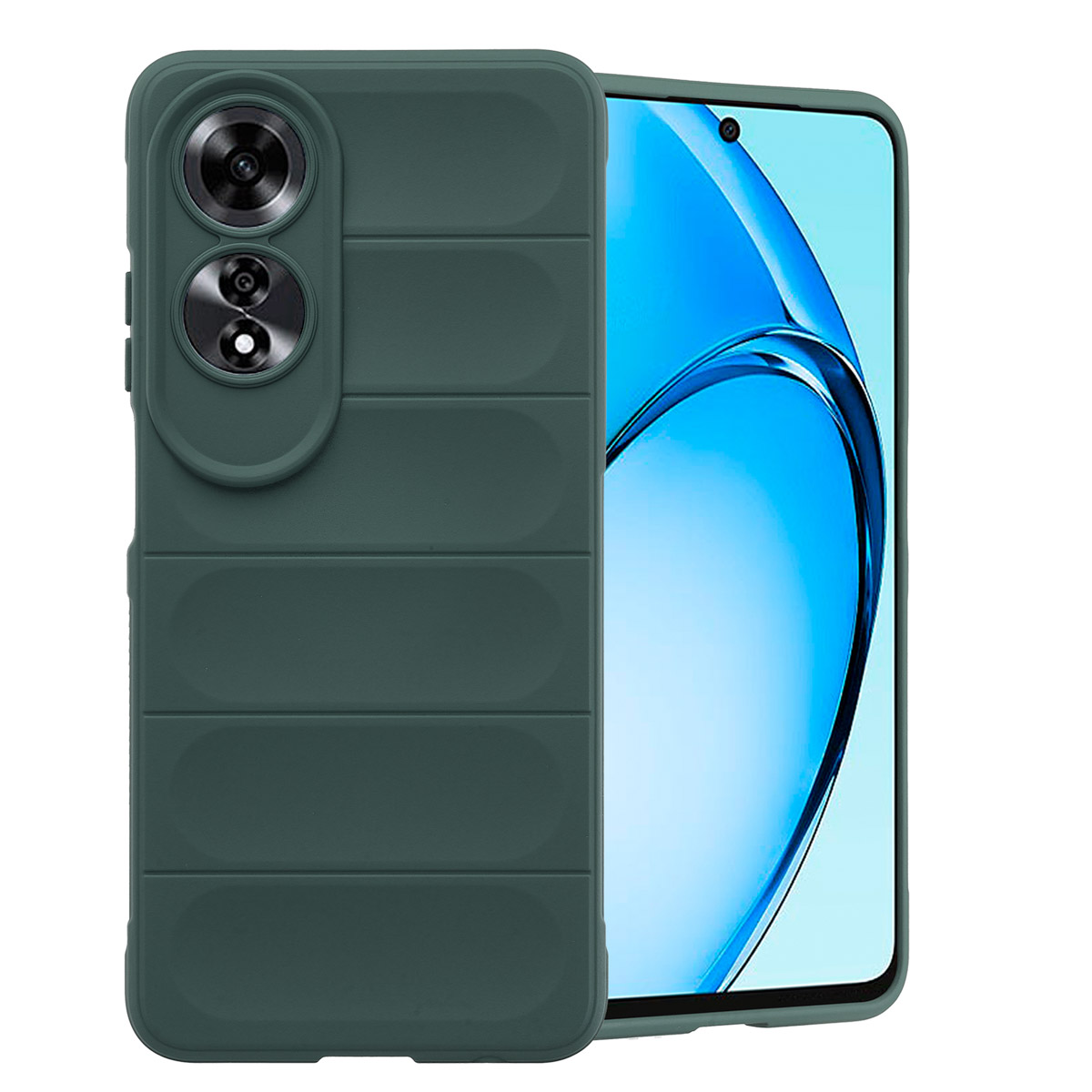 Un étui de téléphone vert protégeant un téléphone avec deux caméras.