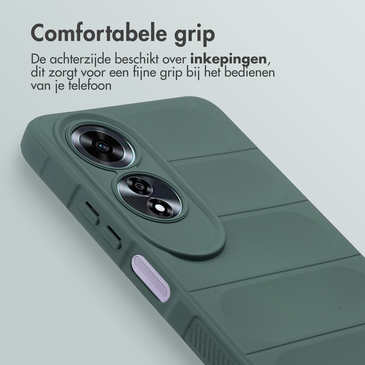 Coque de téléphone verte avec un design texturé. Montre la caméra et les boutons. Le fond est un dégradé.