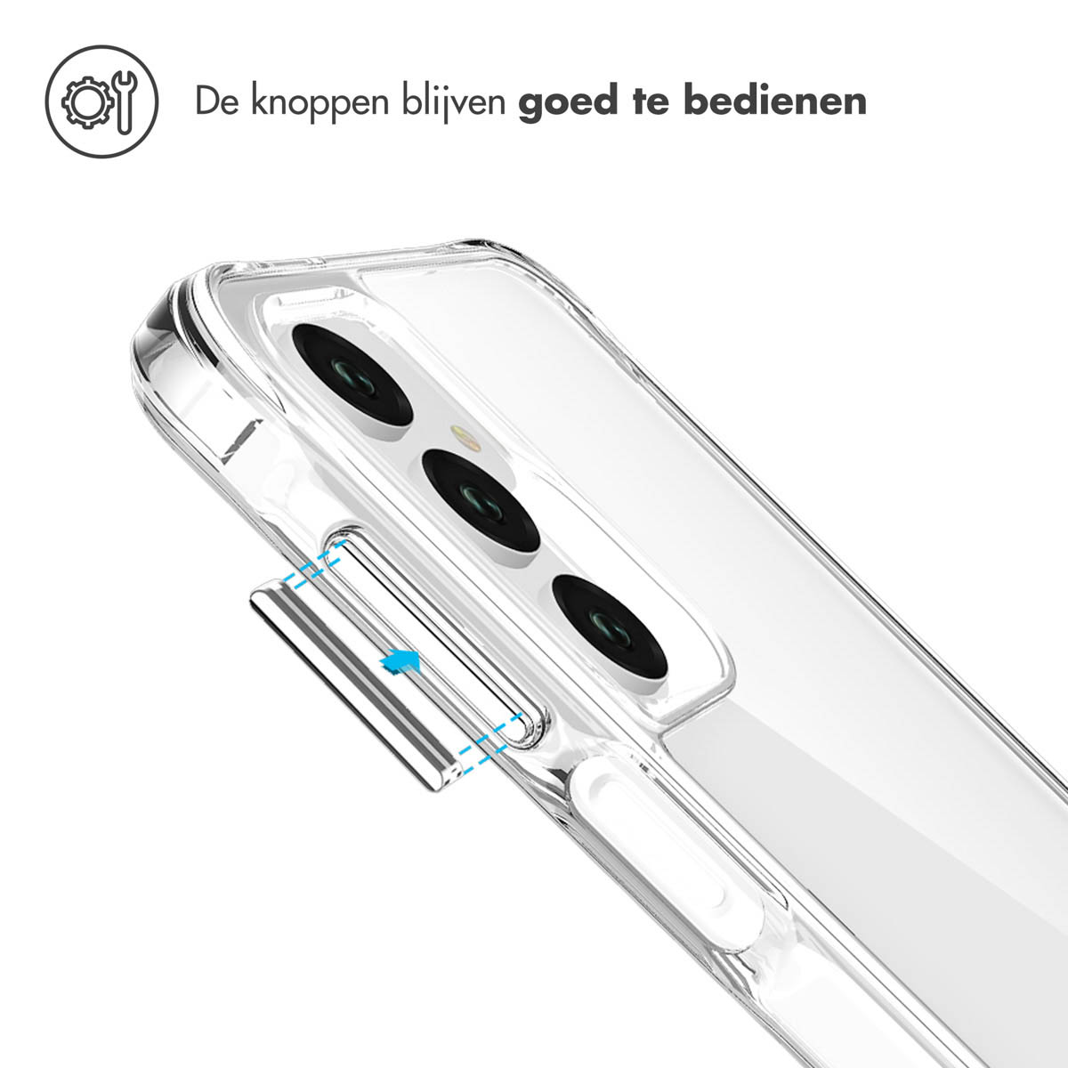 Gros plan sur une coque de téléphone transparente. Une flèche bleue indique un bouton du téléphone.