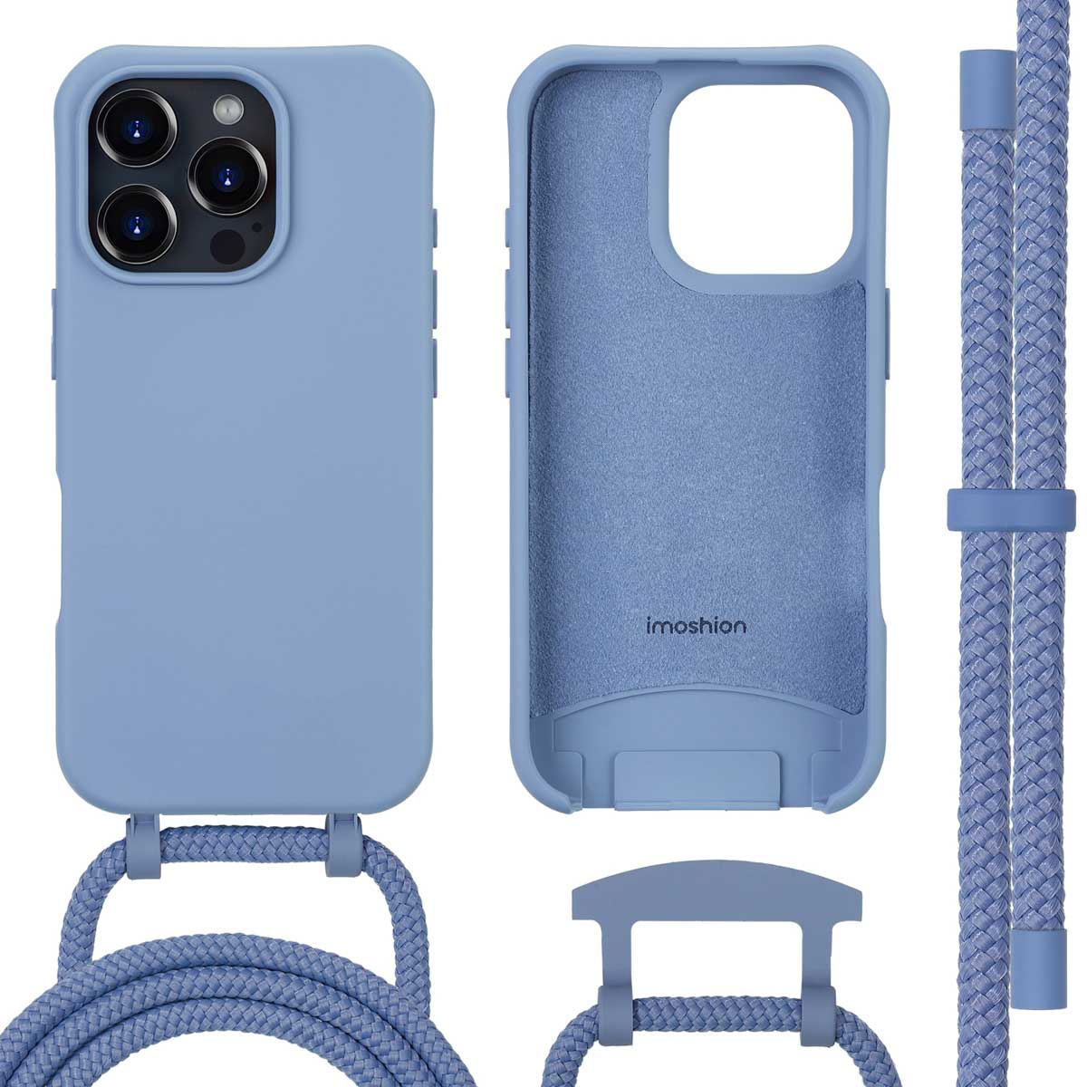 Een lichtblauwe telefoonhoes met een gevlochten koord. De hoes heeft drie camera's.
