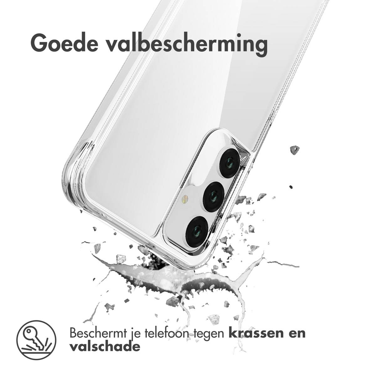 Un étui de téléphone transparent protégeant un téléphone, fond blanc.