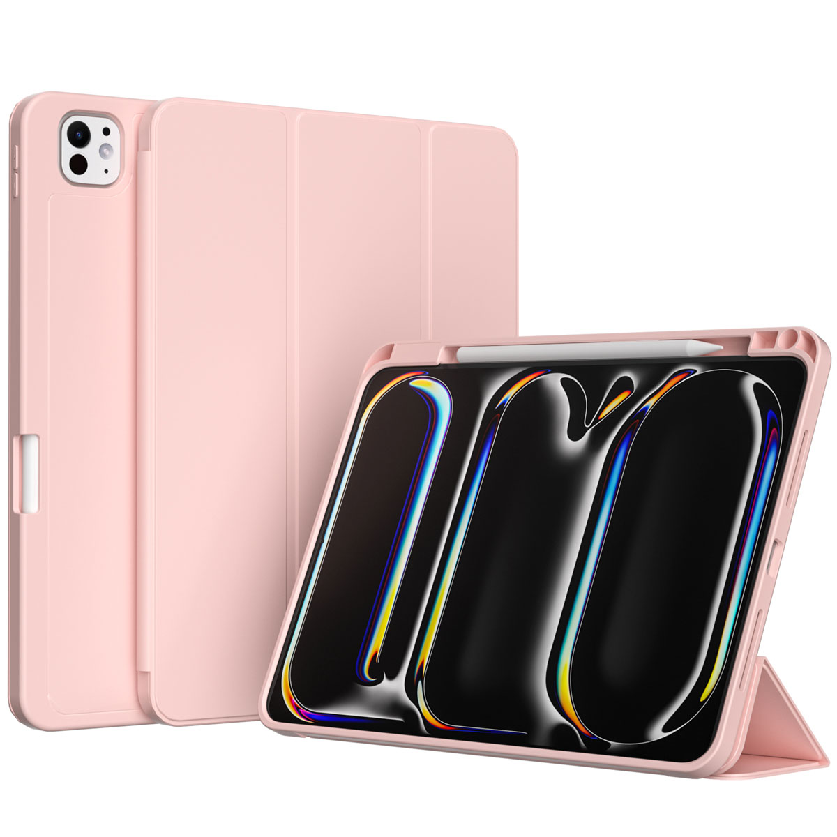 Roze tablet in een roze hoesje met een stylus. De tablet heeft een scherm met een ontwerp.