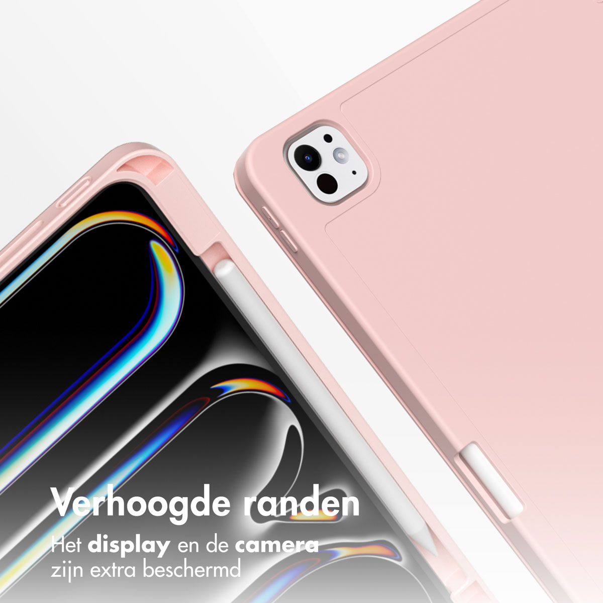 Een close-up van een roze tablet met een roze hoesje en een witte stylus.