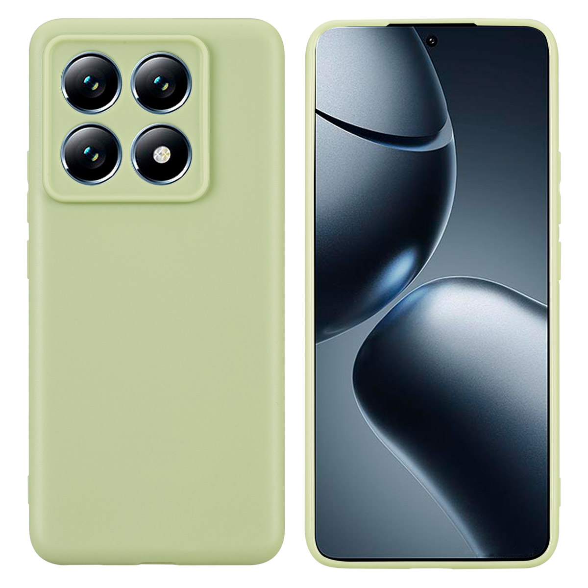 Une coque de téléphone vert clair avec quatre lentilles de caméra et l'écran du téléphone.