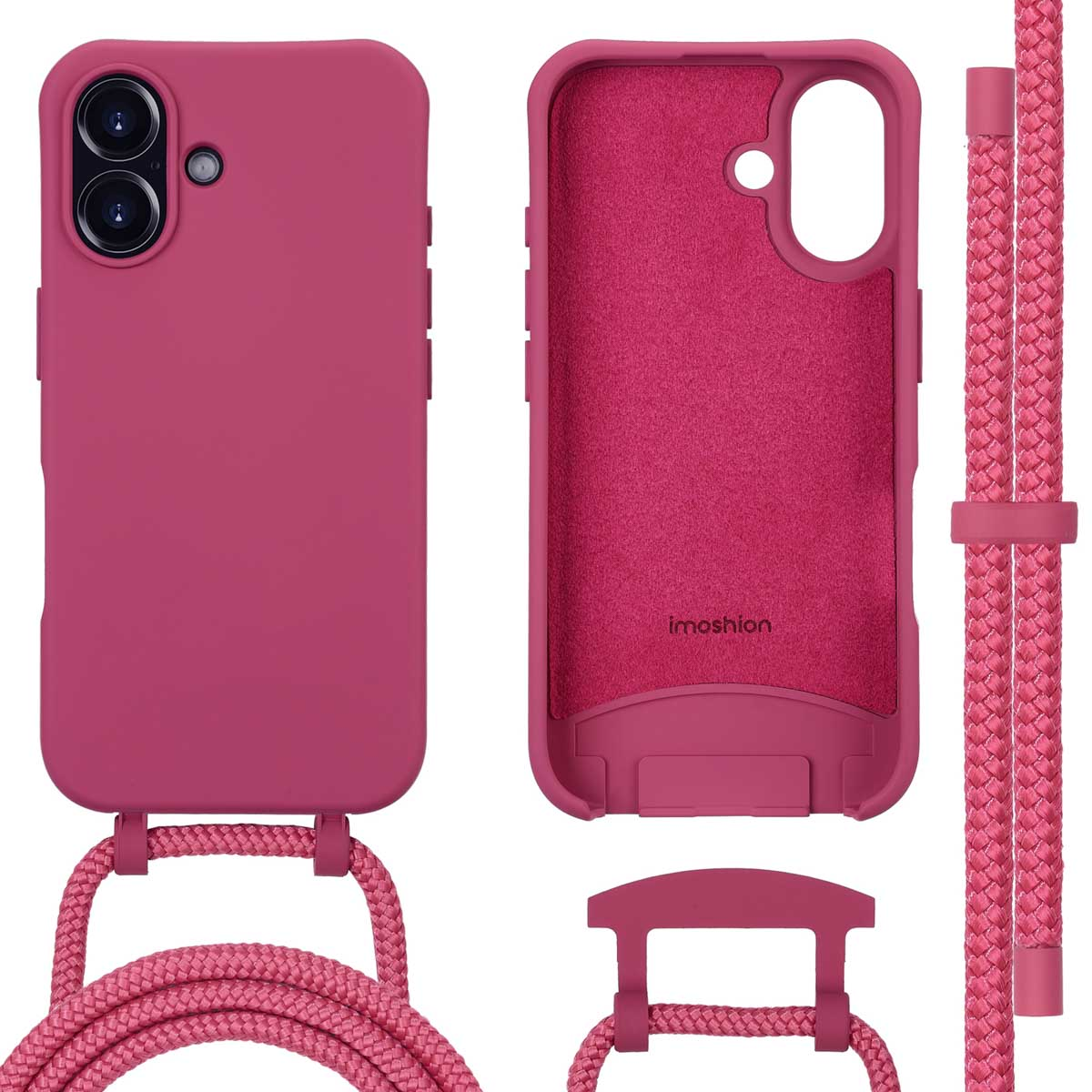 Une coque de téléphone rose avec un cordon et un téléphone, la coque est ouverte, révélant l'intérieur.