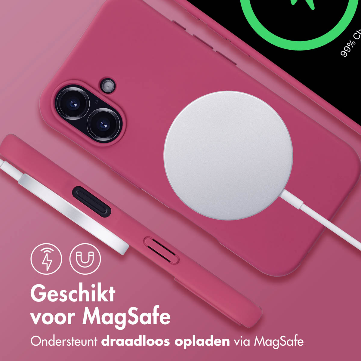 Coque de téléphone rose avec un chargeur MagSafe. Un téléphone et une Apple Watch sont également visibles. Le chargeur affiche 99% de charge.