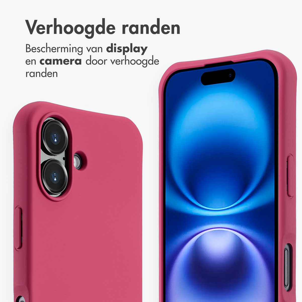 Deux coques de téléphone roses. L'une montre des lentilles d'appareil photo, l'autre un écran. Texte : Bords surélevés, protection de l'écran et caméra.
