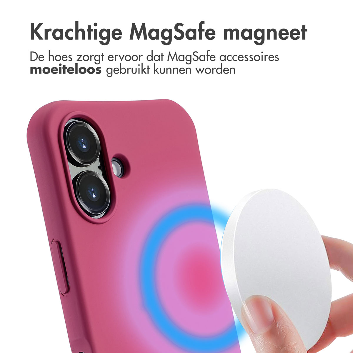 Coque de téléphone rose avec MagSafe, un disque blanc tenu par une main. Champ magnétique bleu visible. Texte en haut : Krachtige MagSafe magneet.