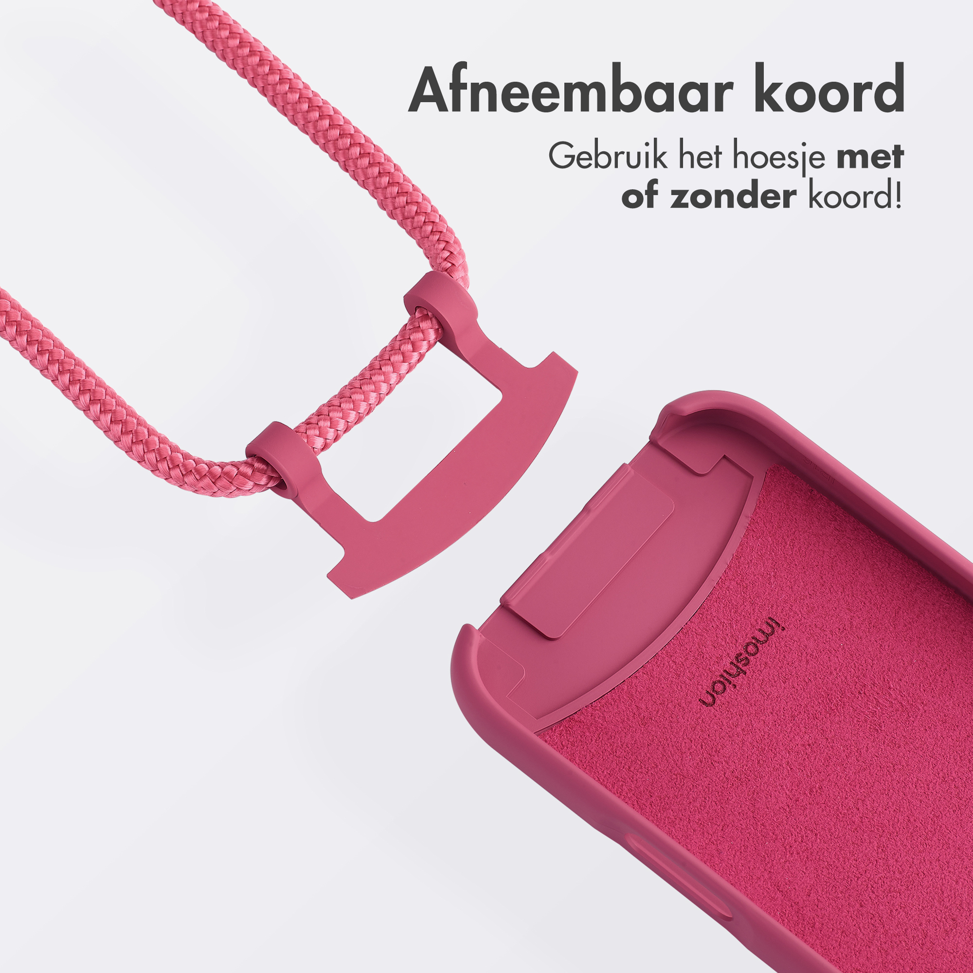Coque de téléphone rose avec cordon détachable. L'étui est ouvert, montrant l'intérieur. Le texte dit 'Cordon détachable'.