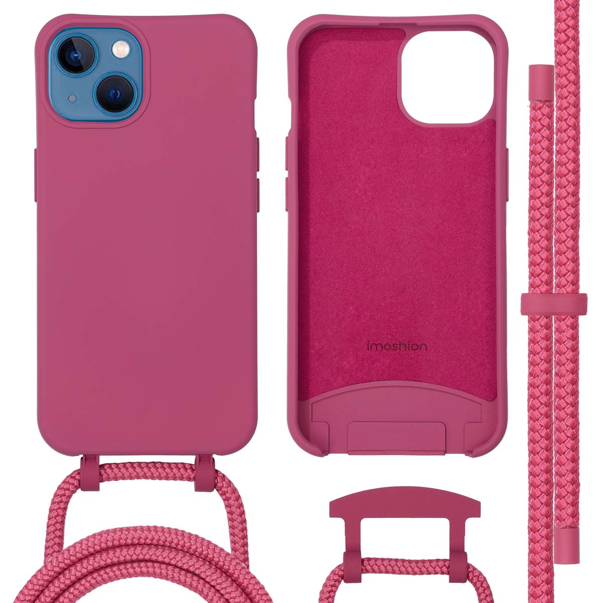 Roze telefoonhoesje met bijpassend koord. De hoes wordt met en zonder telefoon getoond.