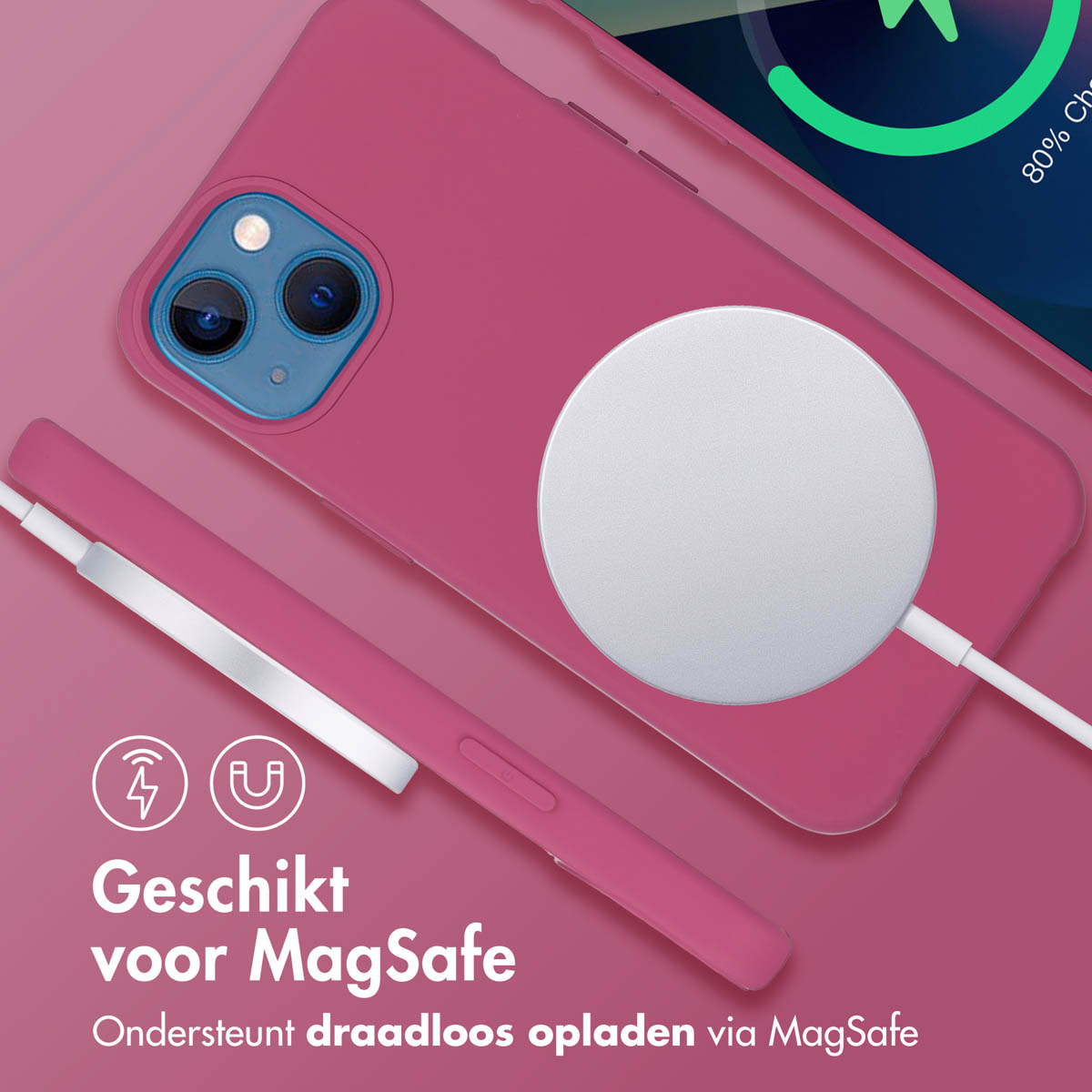 Een roze telefoonhoesje met een witte oplader. De telefoon ligt op een roze ondergrond. Een roze achtergrond.