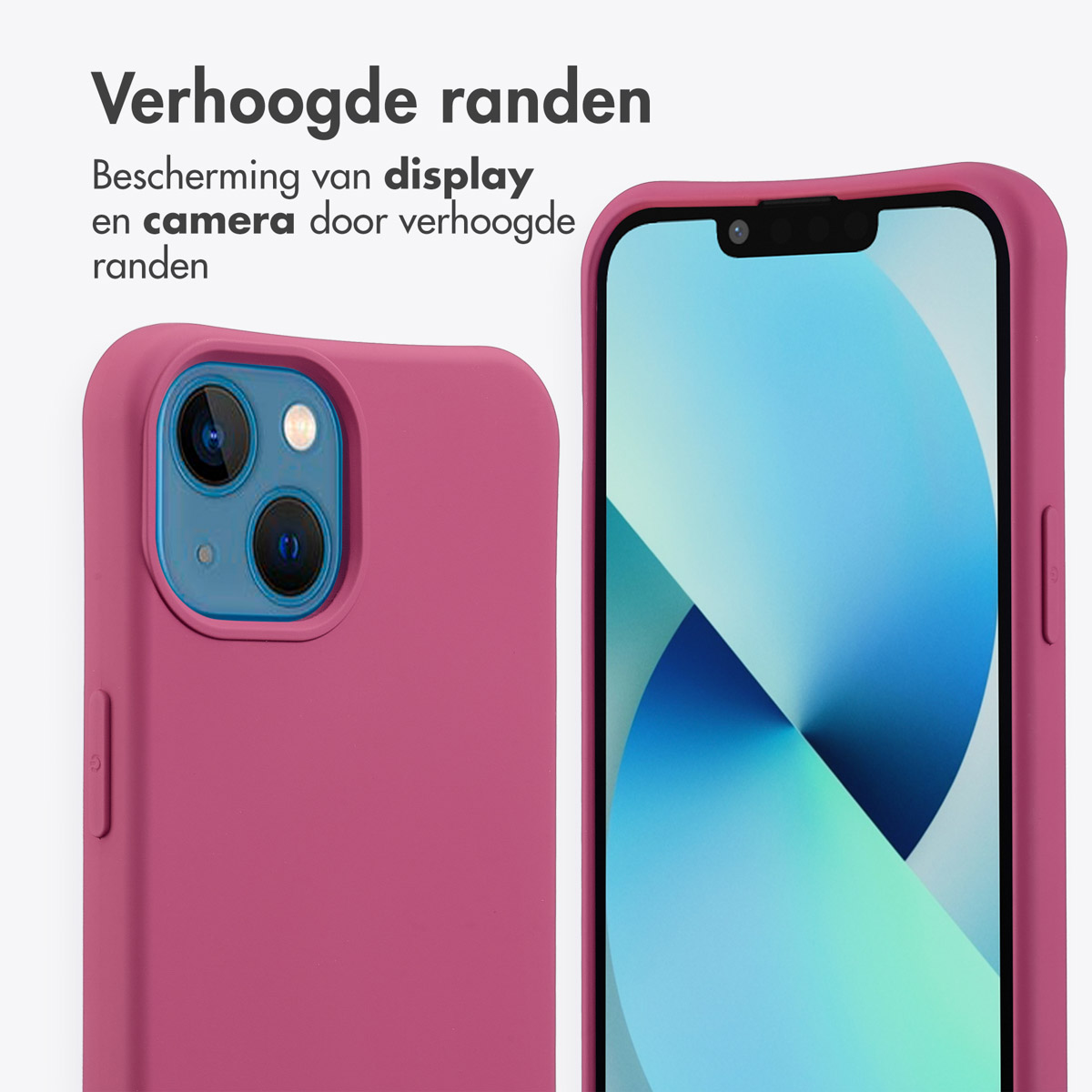 Twee roze telefoonhoesjes. Eén toont cameradetails en de andere heeft een telefoon erin.