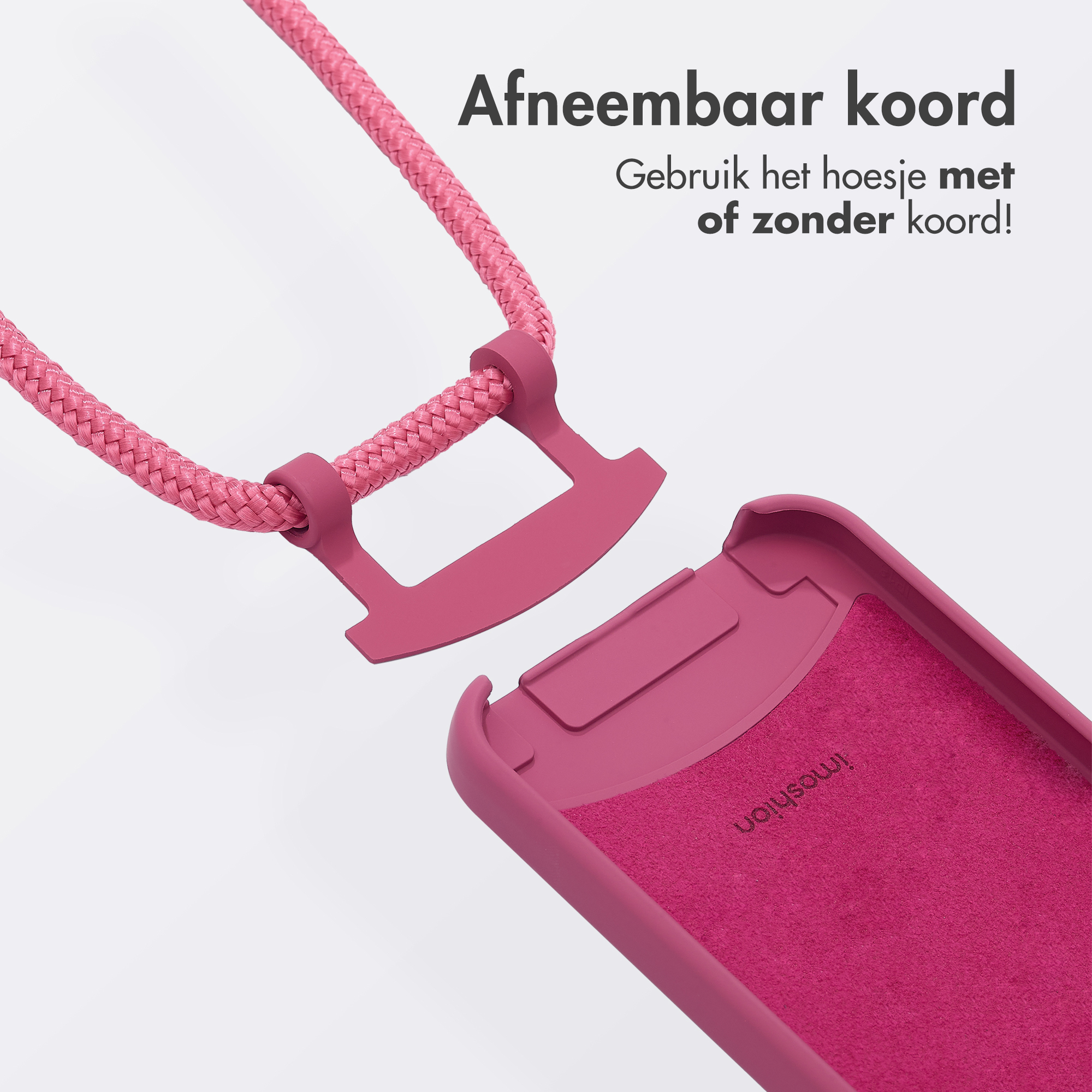 Een telefoonhoesje met een roze koord en een losse hoes met de inscriptie 'Imoshion'.