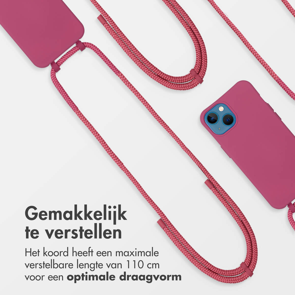 Telefoonhoesje met een roze telefoon en een roze koord.