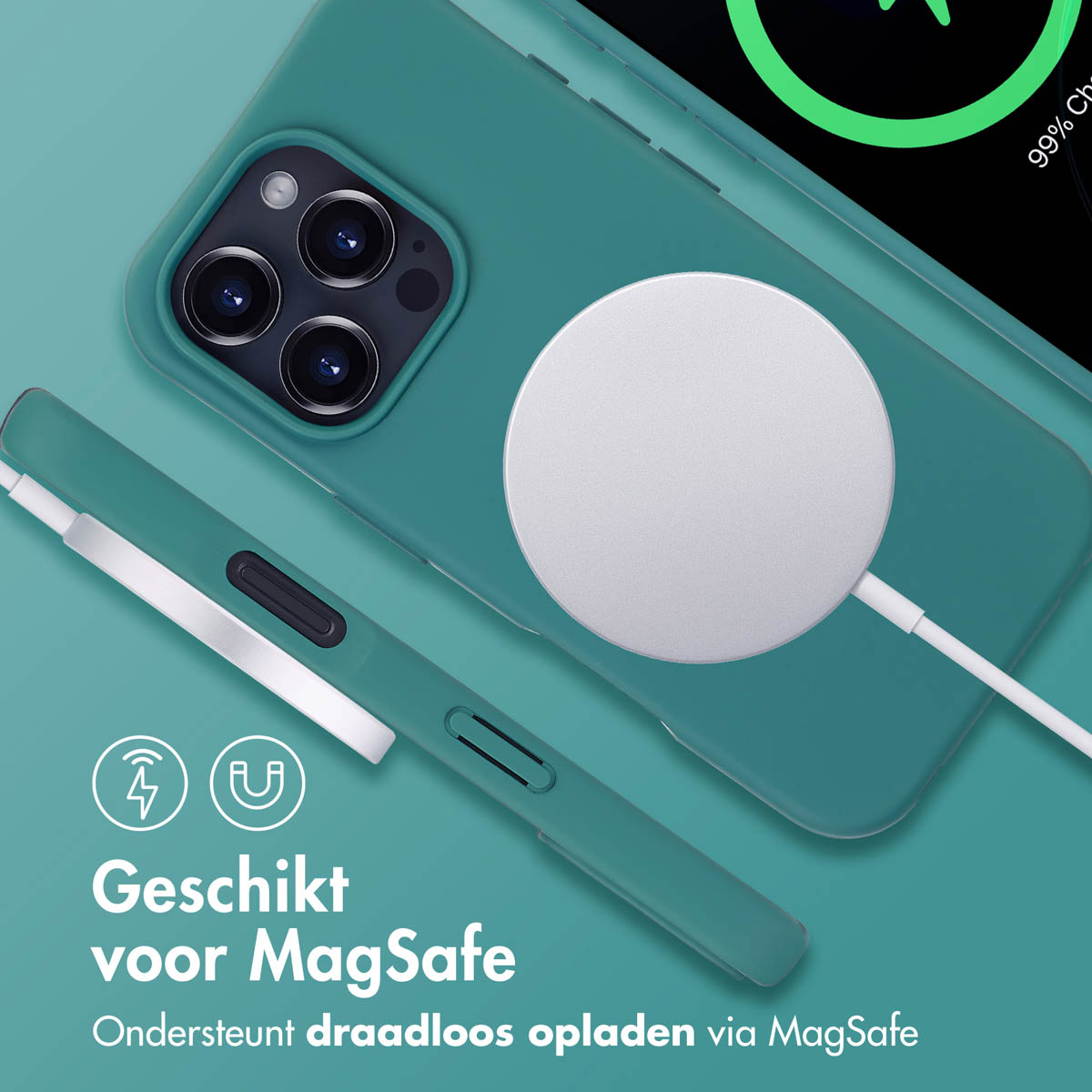 Teal telefoonhoesje met MagSafe-oplader. Telefoon met drie cameralenzen. Witte oplaadkabel. Tekst: Geschikt voor MagSafe.