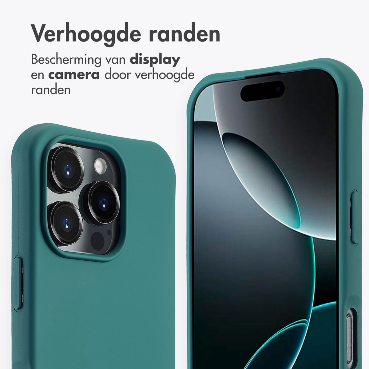 Een teal telefoonhoes beschermt een telefoon, met nadruk op de verhoogde randen. De cameralenzen zijn zichtbaar, en tekst benadrukt de bescherming van display en camera.