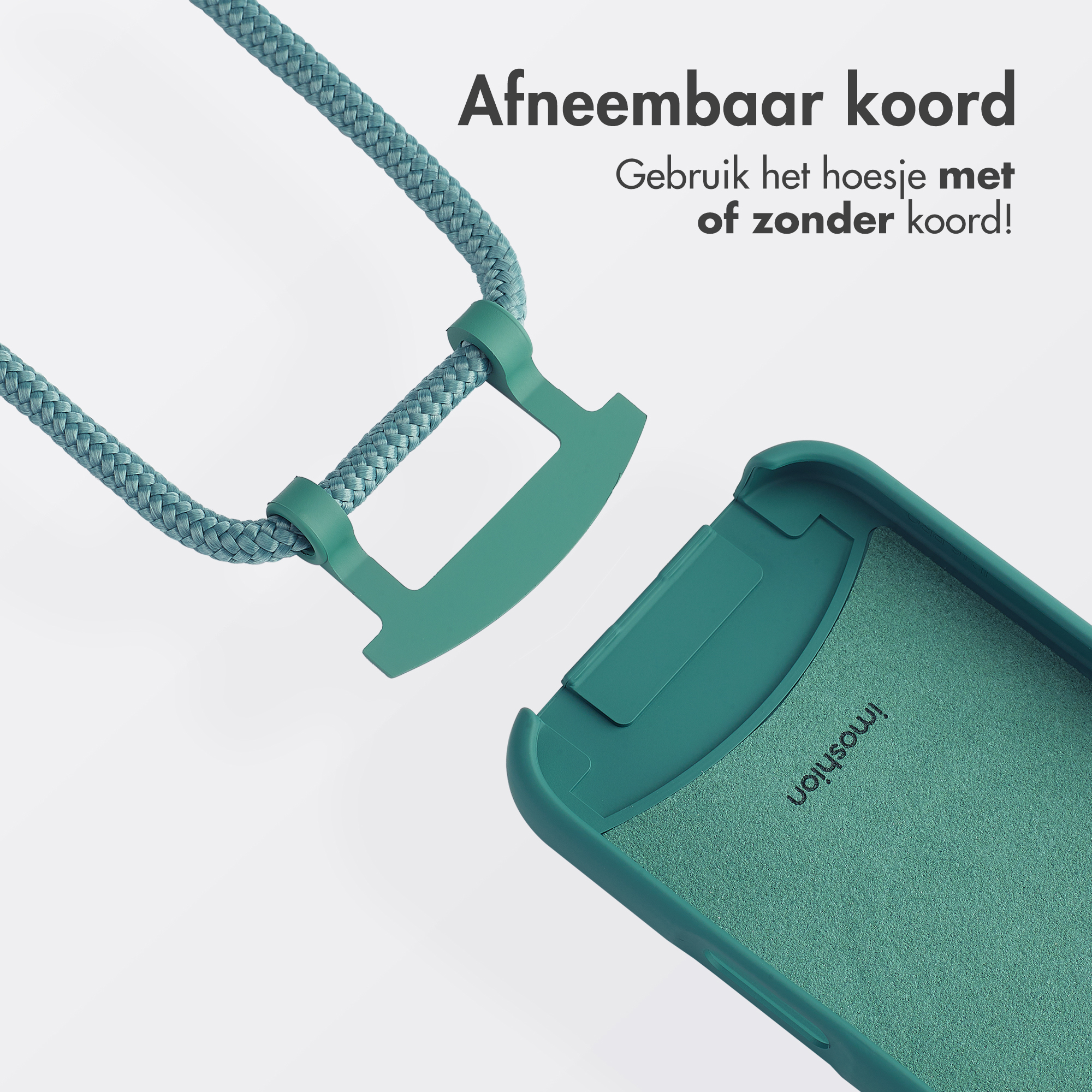 Telefoonhoesje in teal met afneembaar koord. Tekst: 'afneembaar koord'. De case is open. Lichte achtergrond.