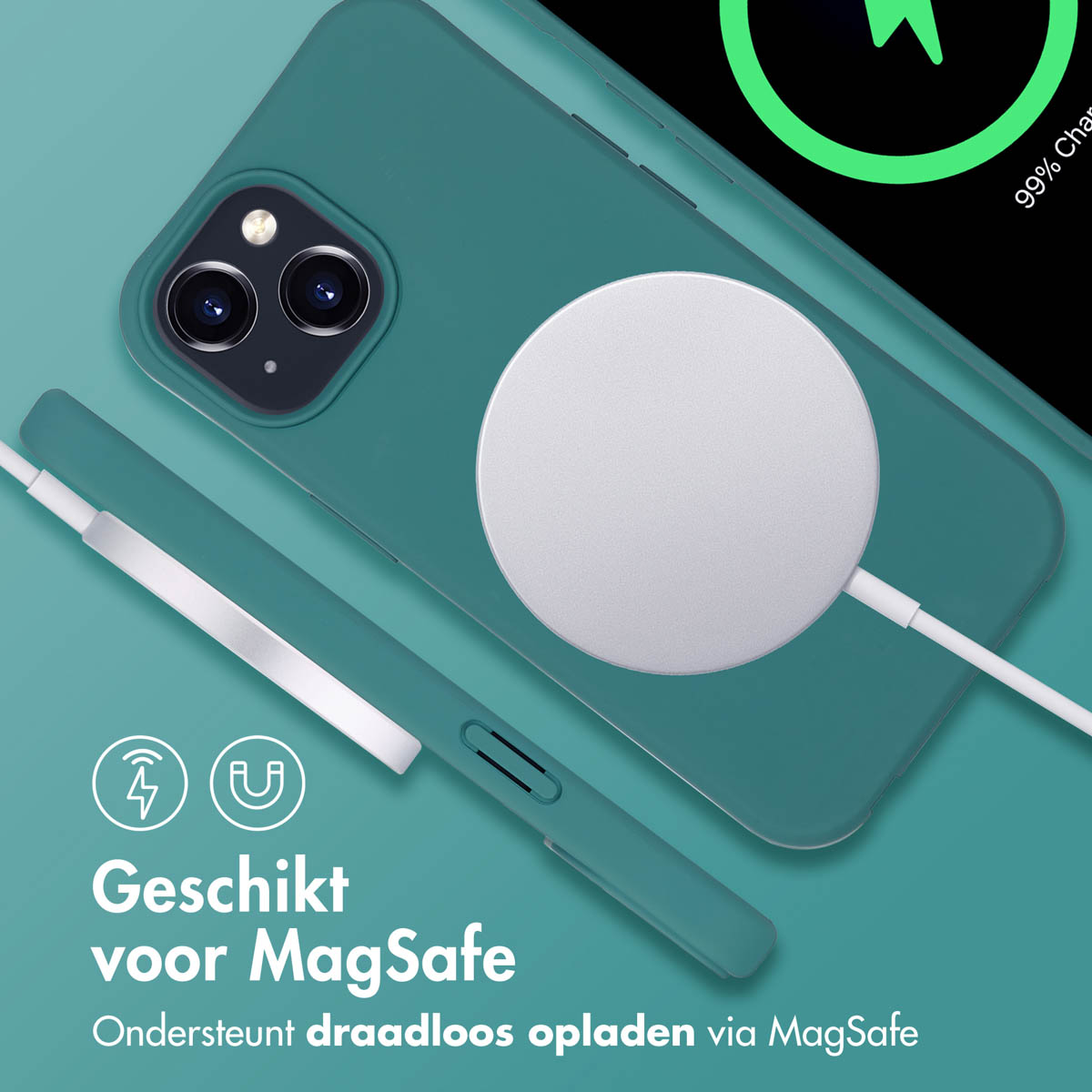 Türkisfarbene Handyhülle mit weißem Ladekreis und Ladekabel. Text: Geschikt voor MagSafe.
