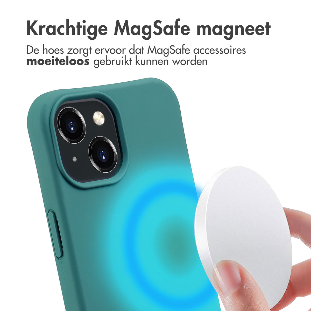 Ein iPhone in einer teal-farbenen Hülle mit einem weißen MagSafe-Zubehör. Ein blaues Leuchten geht vom Telefon aus.