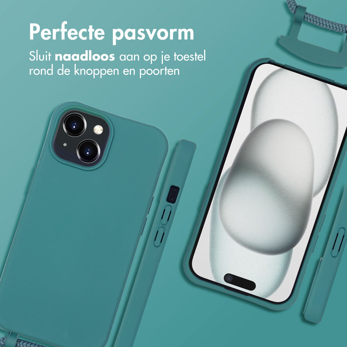 Türkisfarbene Handyhülle mit Telefon. Text: Perfekte Passform, schließt nahtlos um Knöpfe.