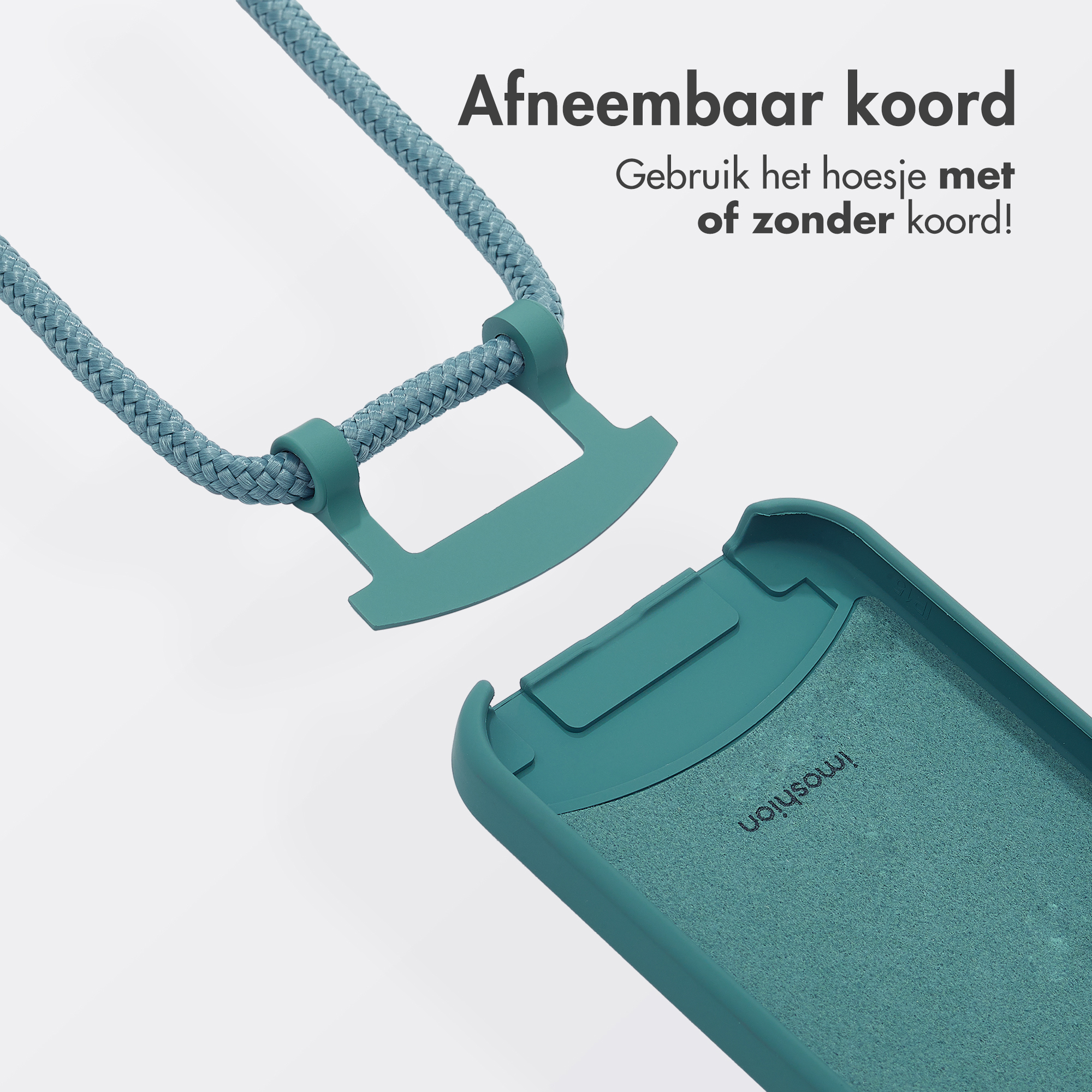 Türkisfarbene Handyhülle und abnehmbare Kordel. Die Hülle hat Text "Inosun".
