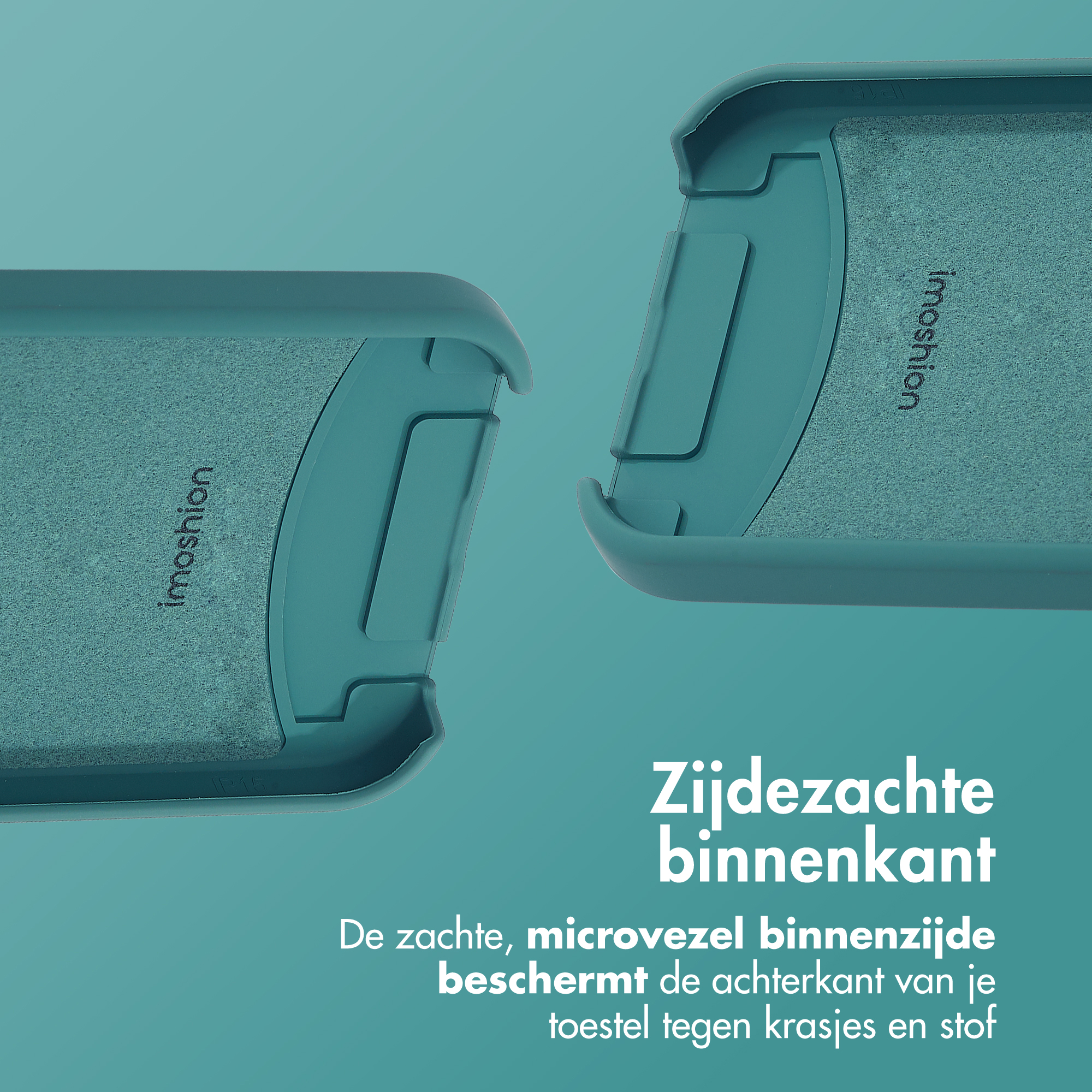 Zwei tealfarbene Telefonhälften, imoshion-Logo. Text: 'Weiches, Mikrofaser-Innenseite schützt Ihr Gerät'.