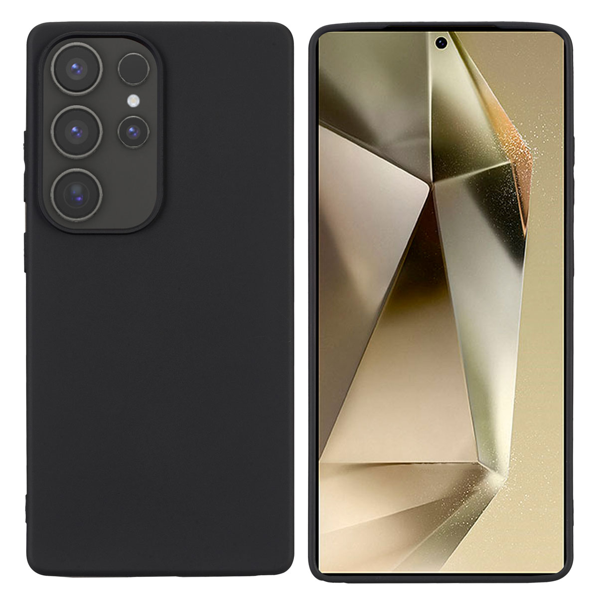 Zwart telefoonhoesje en telefoon. Hoesje heeft een vierkante camera-uitsparing. Telefoon heeft een scherm. Achtergrond is een verloop.