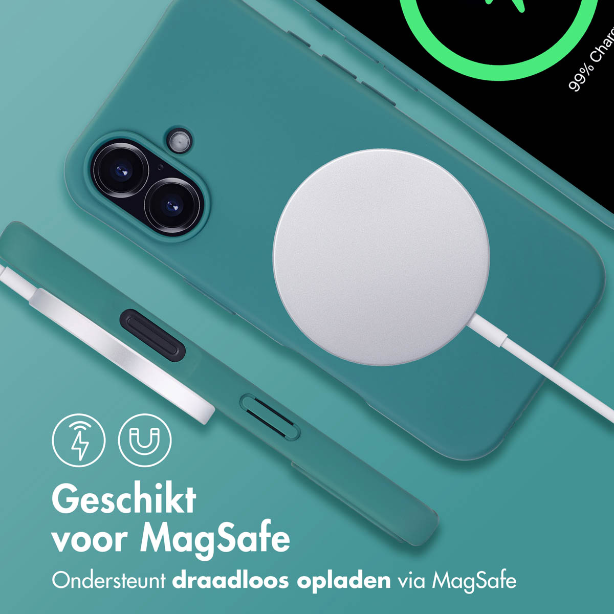 Een teal telefoonhoesje met telefoon, witte draadloze oplader en tekst, tegen een groene achtergrond.