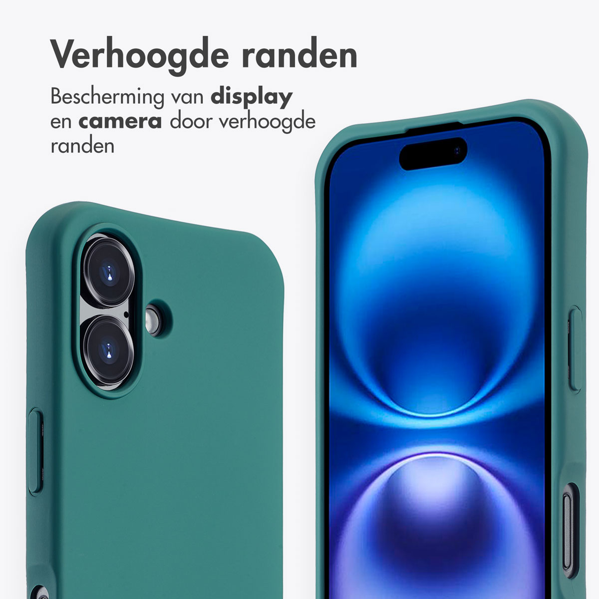 Twee groene telefoonhoesjes, één met camera, de andere met scherm. Nederlandse tekst: 'Verhoogde randen'. Achtergrond wit.