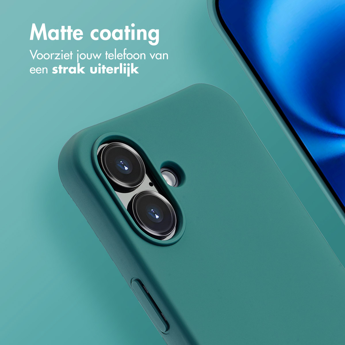 Close-up van een turquoise telefoonhoes met twee cameralenzen, op een turquoise achtergrond.