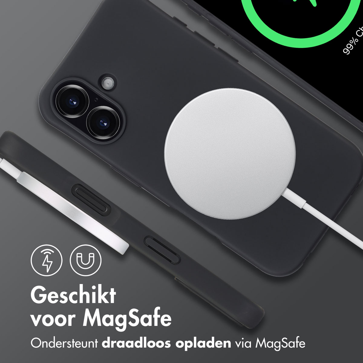 Een zwarte telefoon met een oplaadpad, die draadloos opladen via MagSafe illustreert.