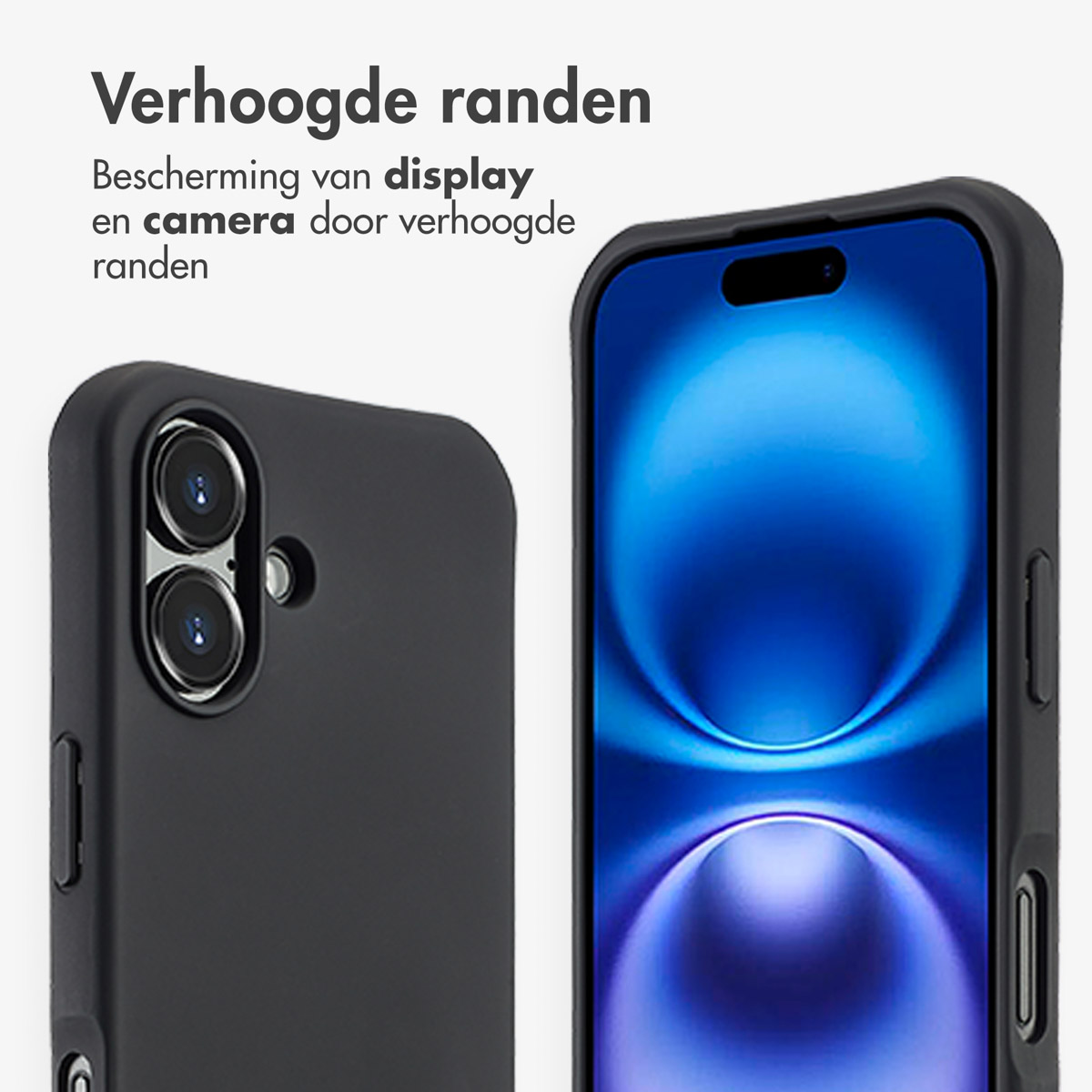 Twee zwarte telefoonhoesjes, een op een telefoon. De hoes heeft verhoogde randen om het scherm en de camera te beschermen.