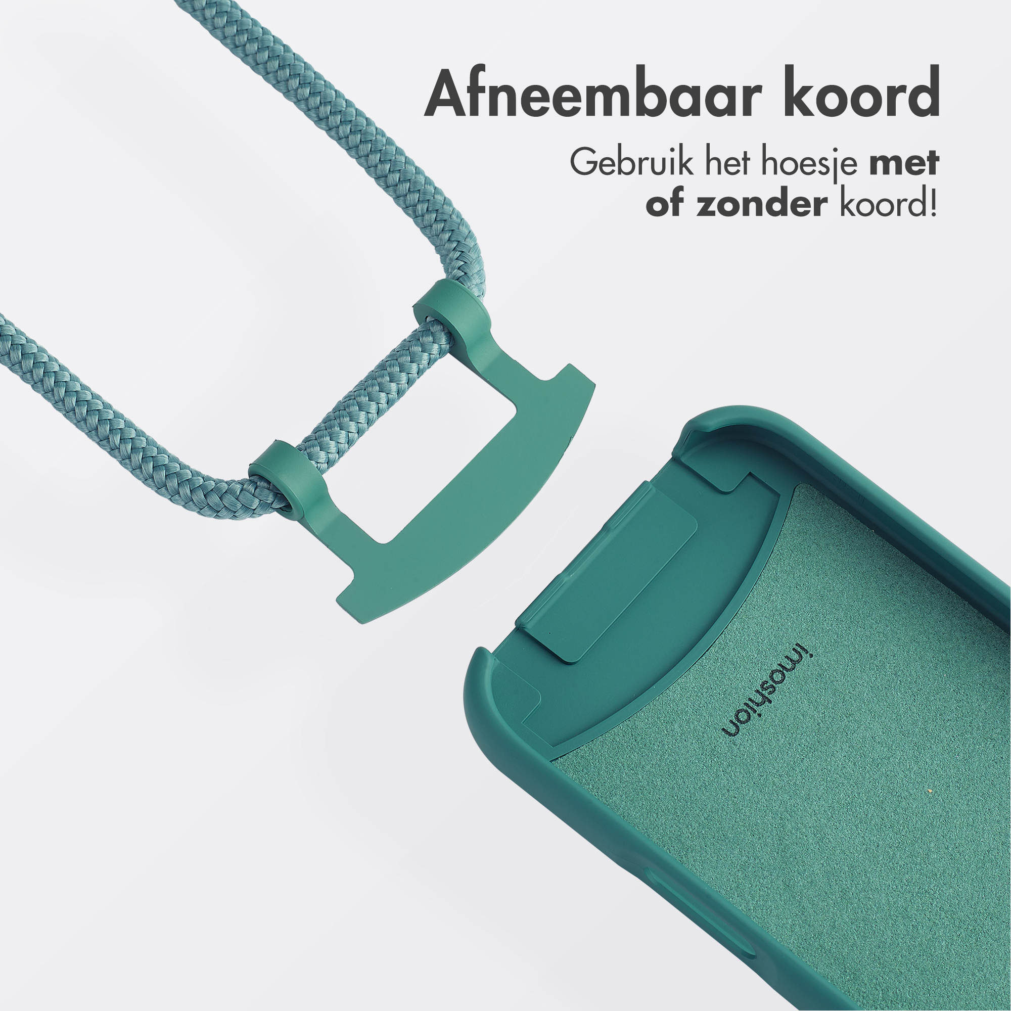 Teal telefoonhoesje met bijpassend koord. Het koord is verbonden met een houder, en de hoes heeft een zacht interieur.
