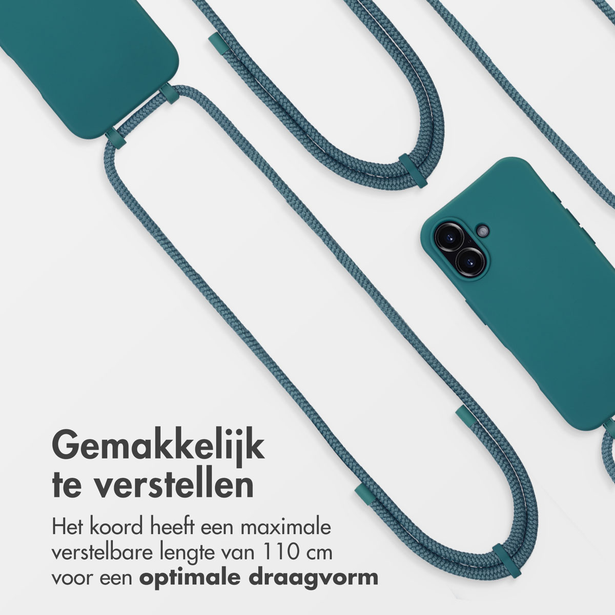 Turquoise telefoonhoesje met bijpassend koord, op een witte ondergrond. Dichtbij de hoes staat: 'Gemakkelijk te verstellen'.