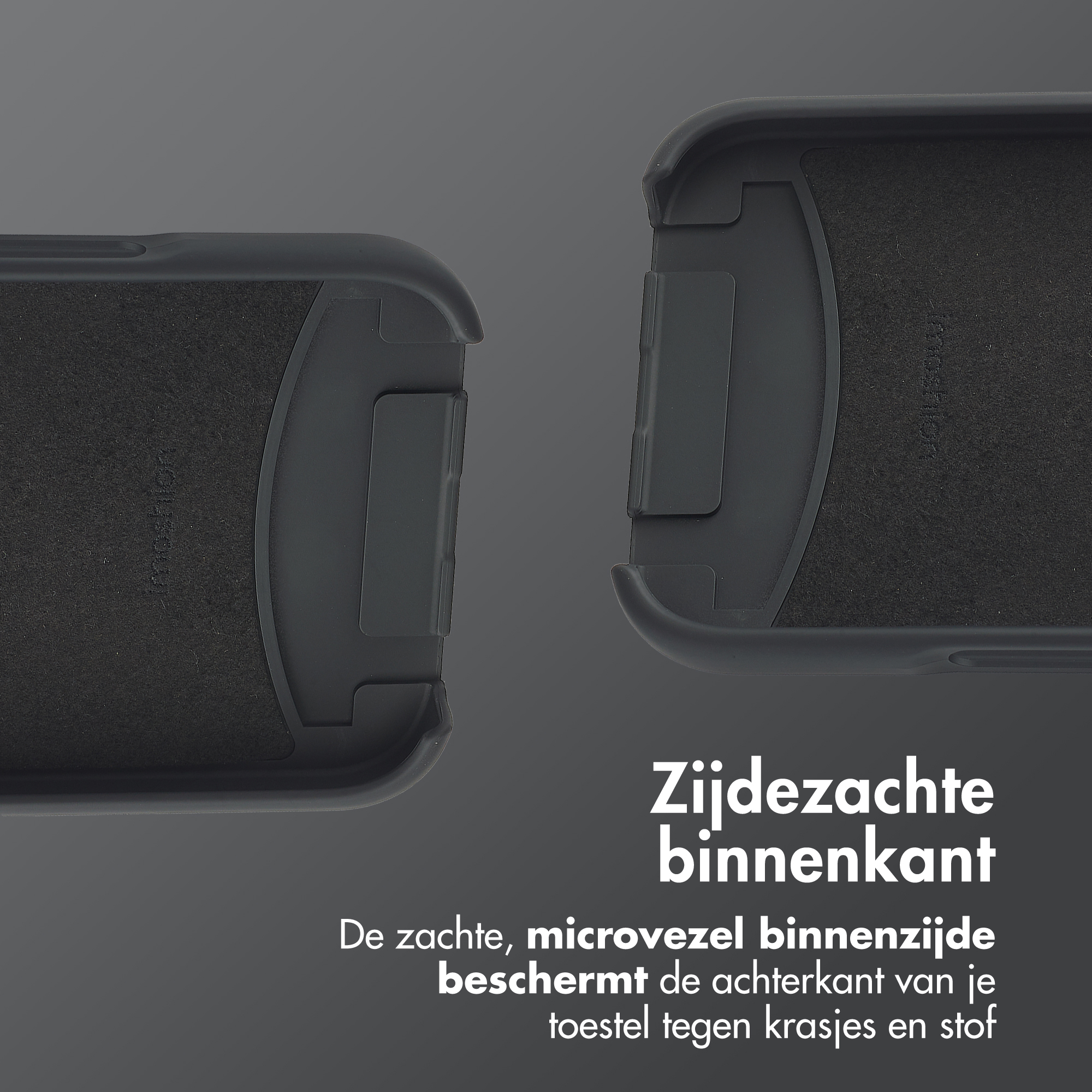 Twee zwarte telefooncase helften, met zachte binnenvoering, gescheiden op een grijze achtergrond.