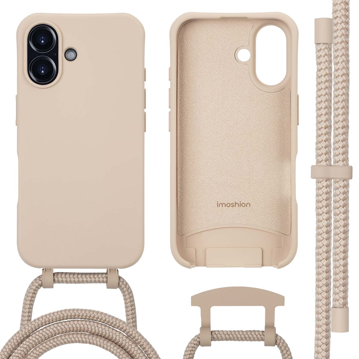 Beige telefoonhoesje met een bijpassende band en een aparte beugel voor de band.