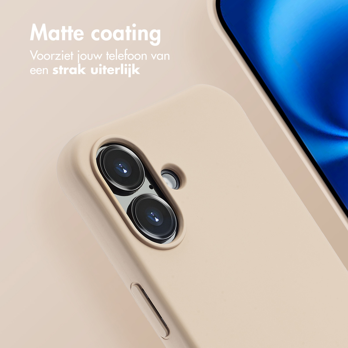 Close-up van een telefoonhoesje met matte afwerking. De hoes is lichtbeige van kleur.