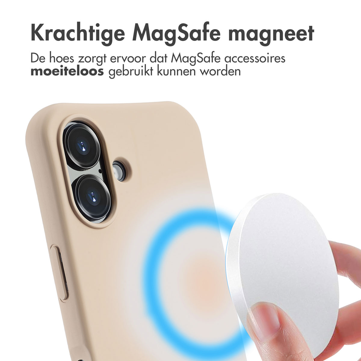 Een telefoonhoesje met een magnetische cirkel. Een hand houdt een witte magnetische oplader in de buurt van de hoes.