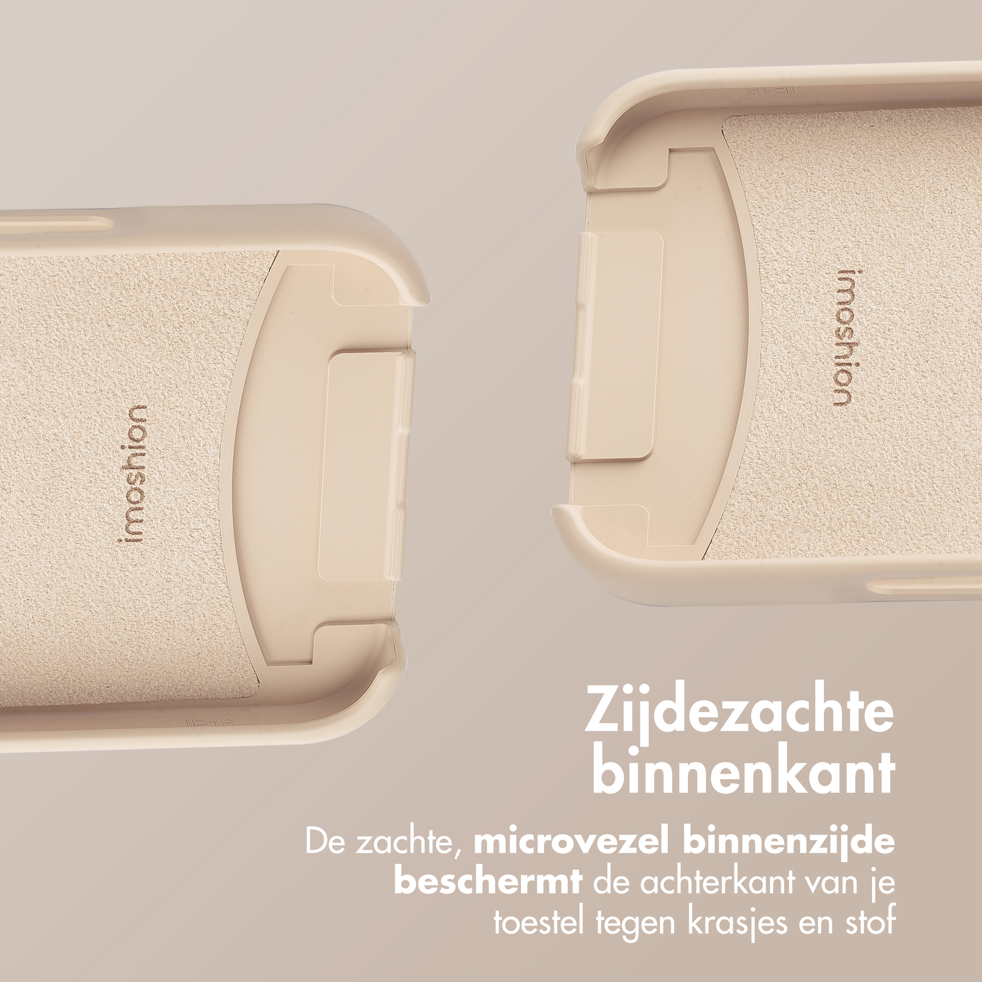 Twee helften van de hoes, beige binnenkant. De tekst zegt: Zijdzachte binnenkant en Imoshion.