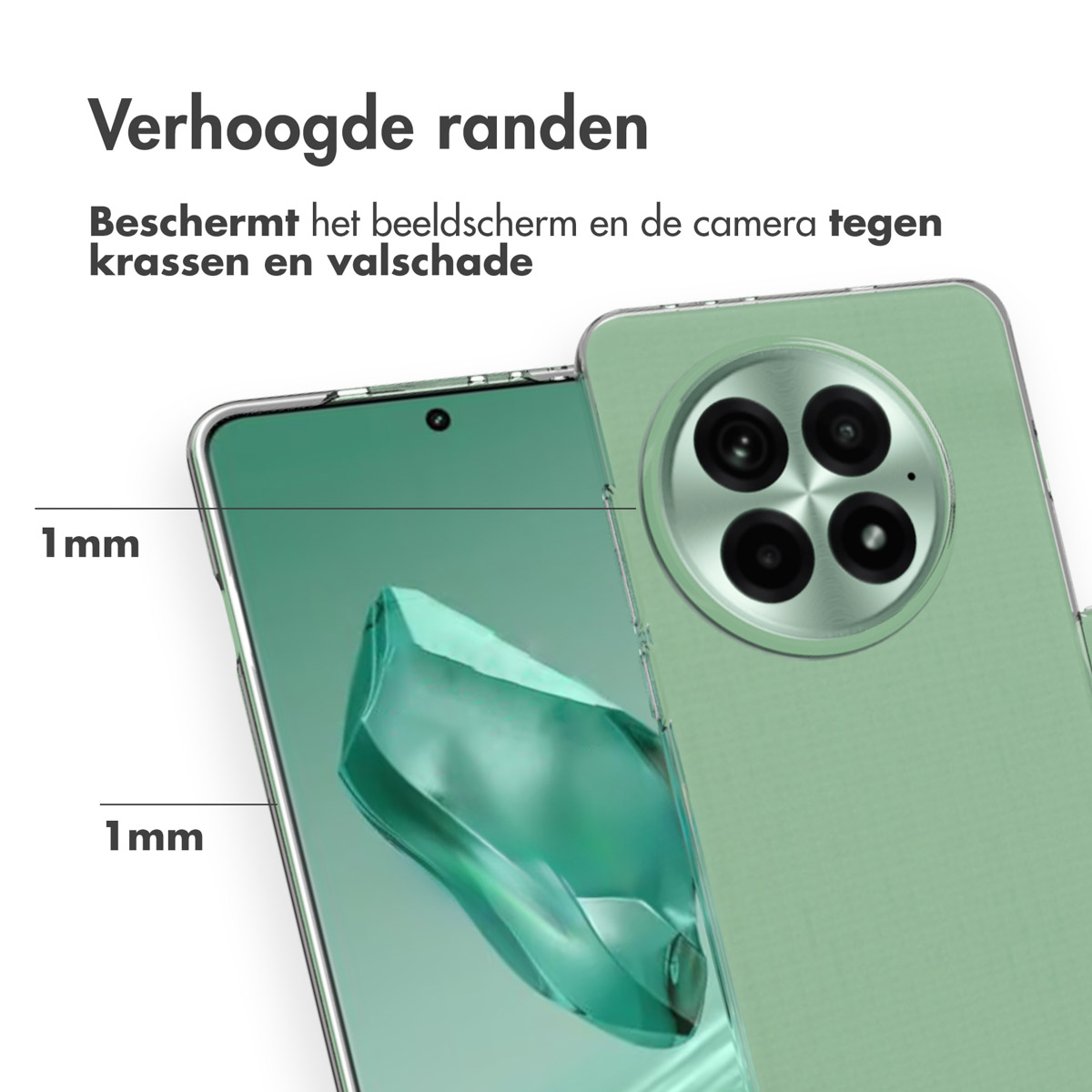 Eine mintgrüne Handyhülle auf einem mintgrünen Handy. Text sagt schützt Bildschirm und Kamera.