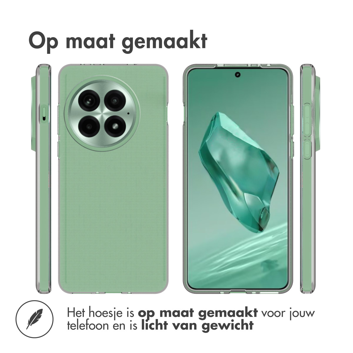 Eine Handyhülle in Mintgrün links und rechts. Ein Telefon mit Bildschirm in der Mitte.