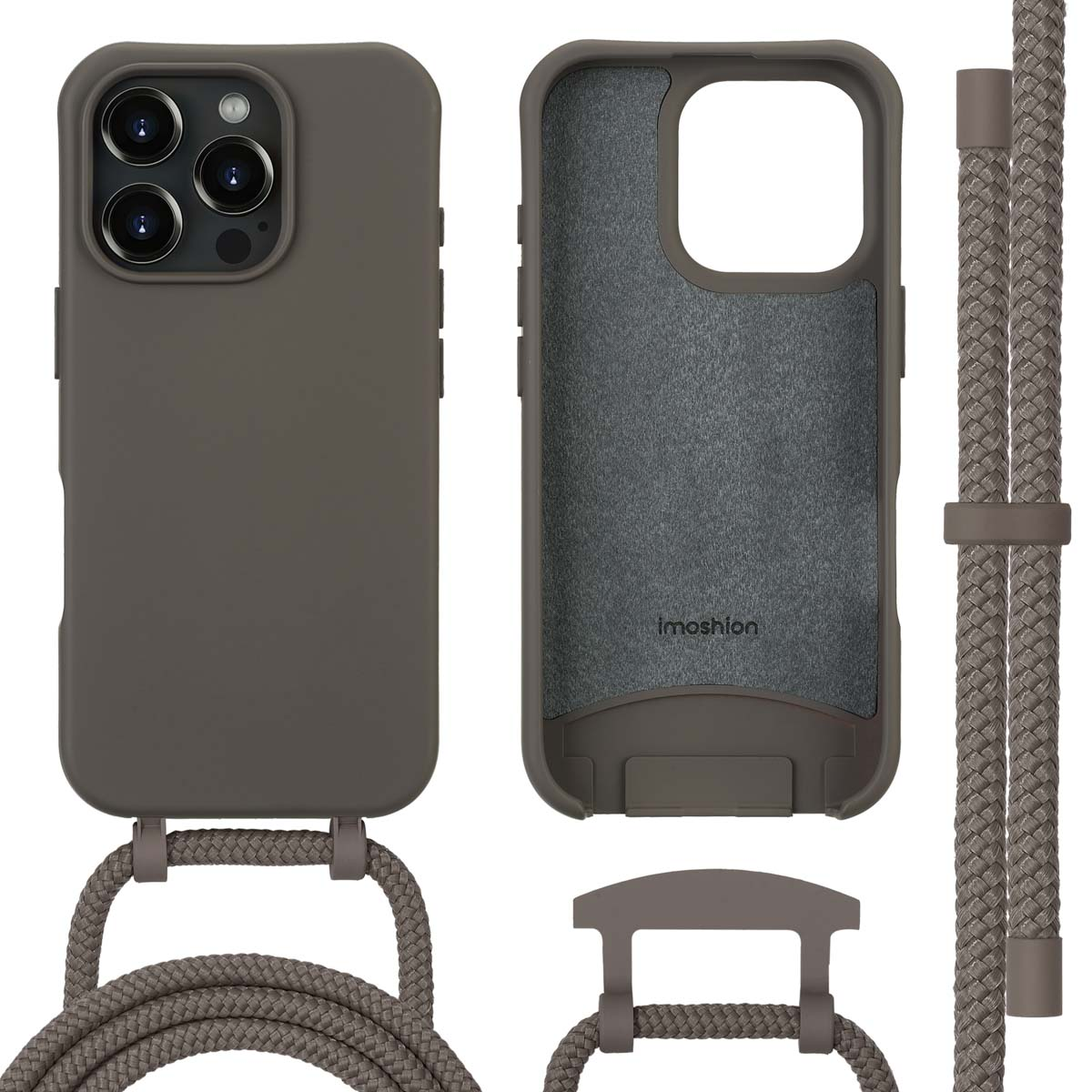 Telefoonhoesje met een bandje. De hoes is bruin. Witte achtergrond.